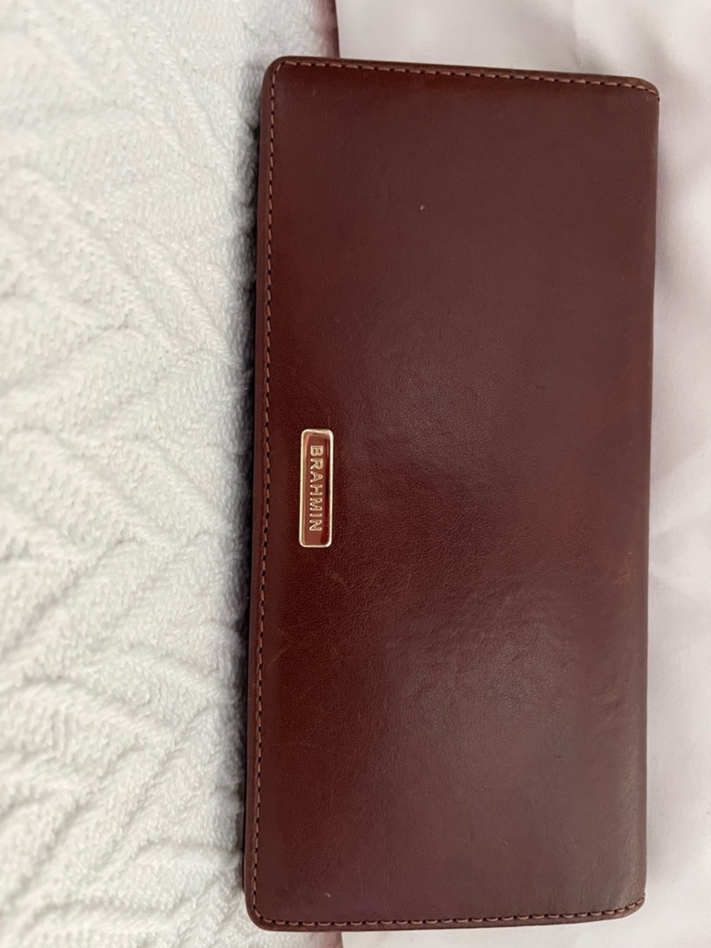 Brahmin Brown Leather Continental Wallet with Gold Logo Plaque